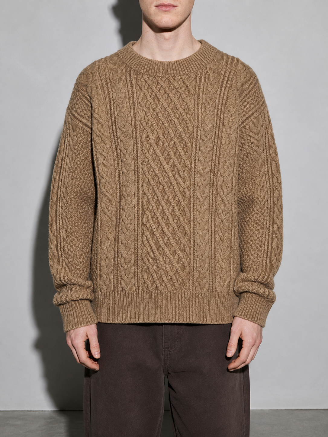 Code Culture catalog | autumn-and-winter-new-mens-twist-sweater-casual-round-neck-pullover-top | b046-khaki | zoom detail