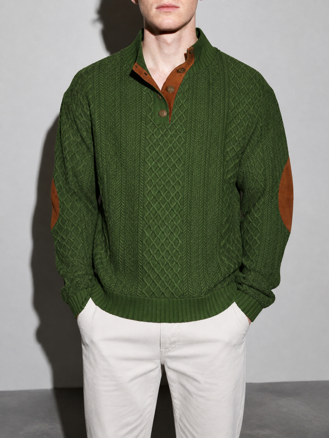 Code Culture catalog | stand-collar-long-sleeve-jacquard-knitted-pullover-sweater | army-green | zoom detail