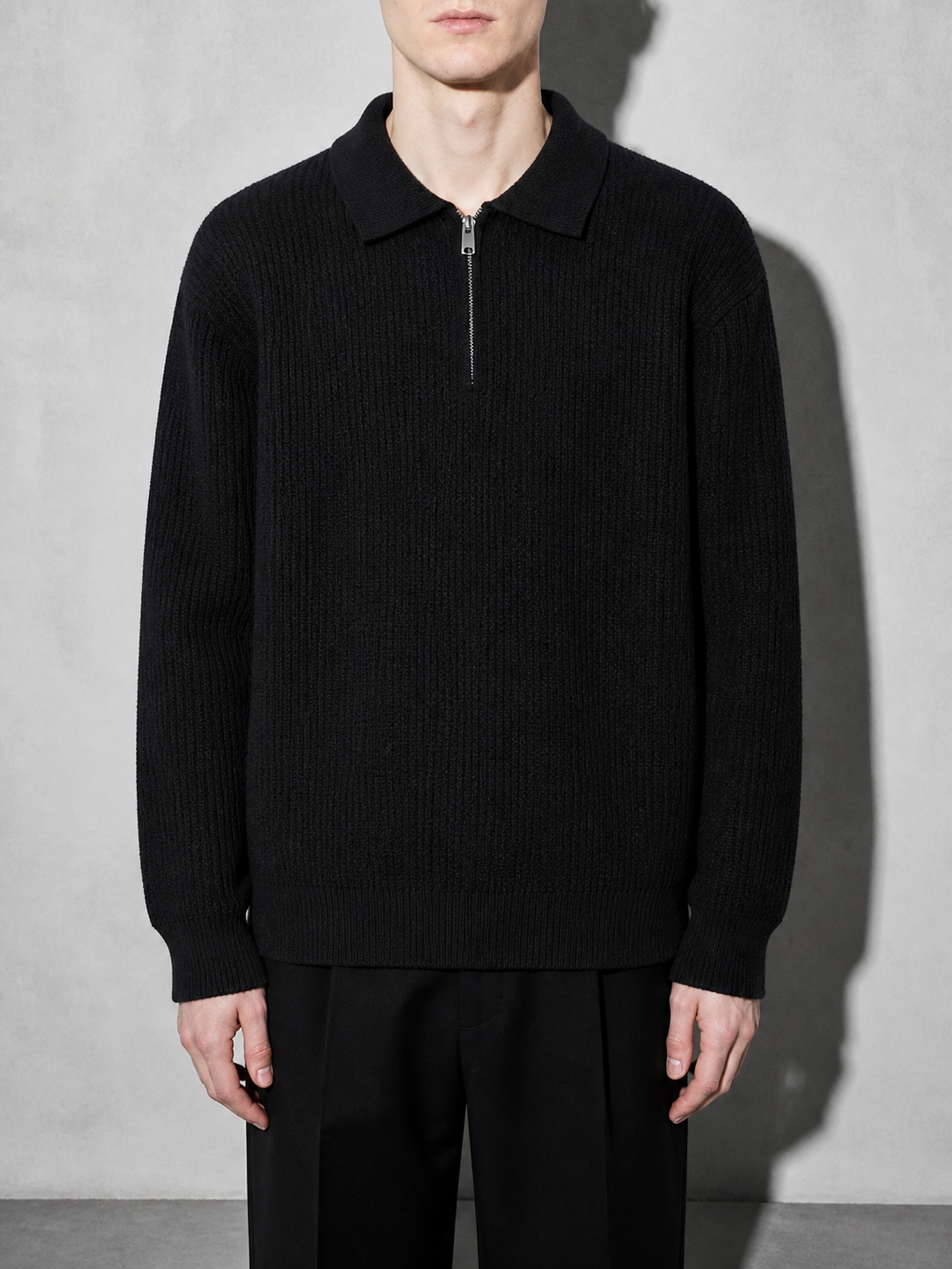 Code Culture catalog | mens-zip-up-polo-knit-sweater | black | zoom detail