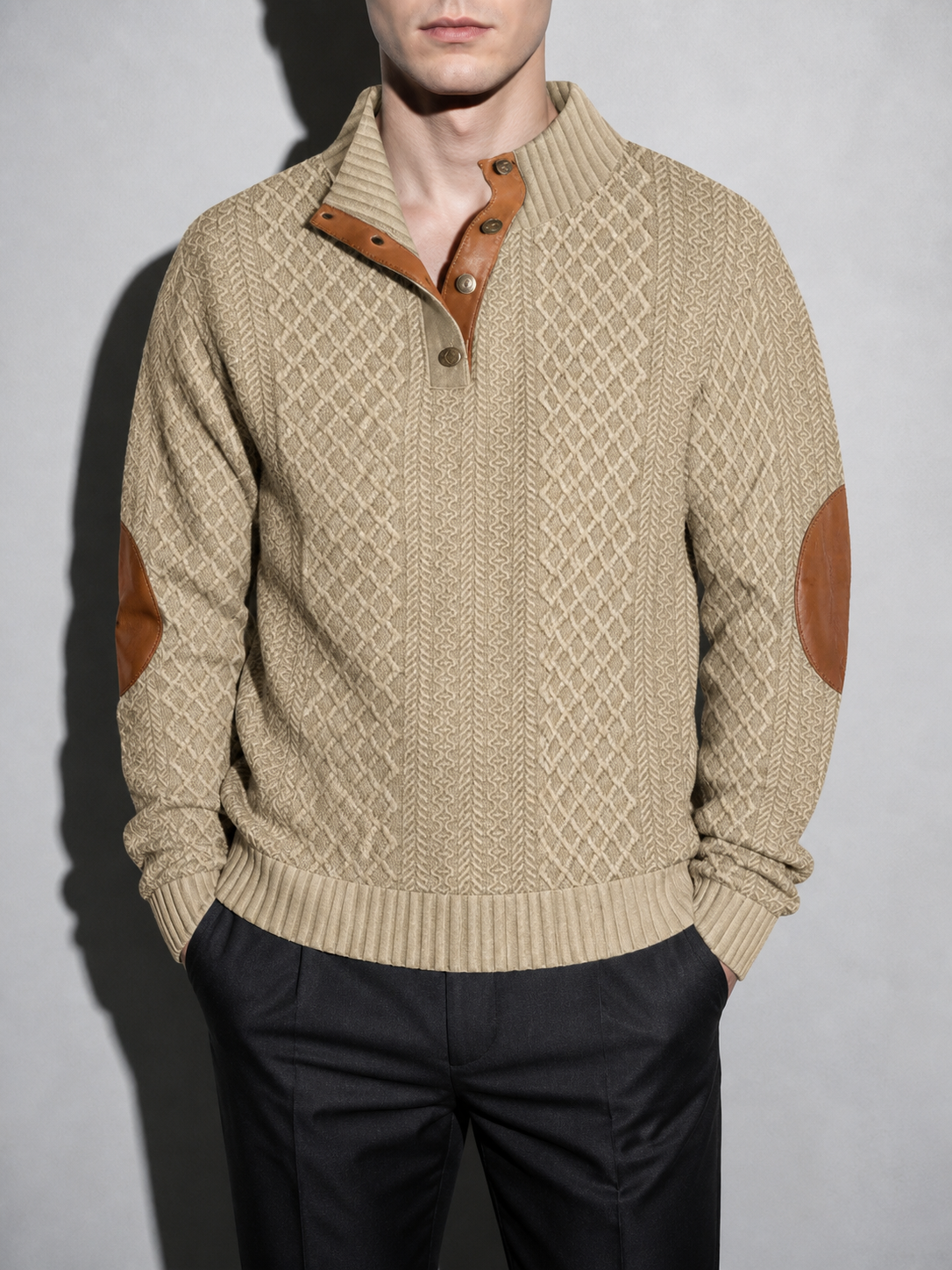 Code Culture catalog | stand-collar-long-sleeve-jacquard-knitted-pullover-sweater | khaki | zoom detail