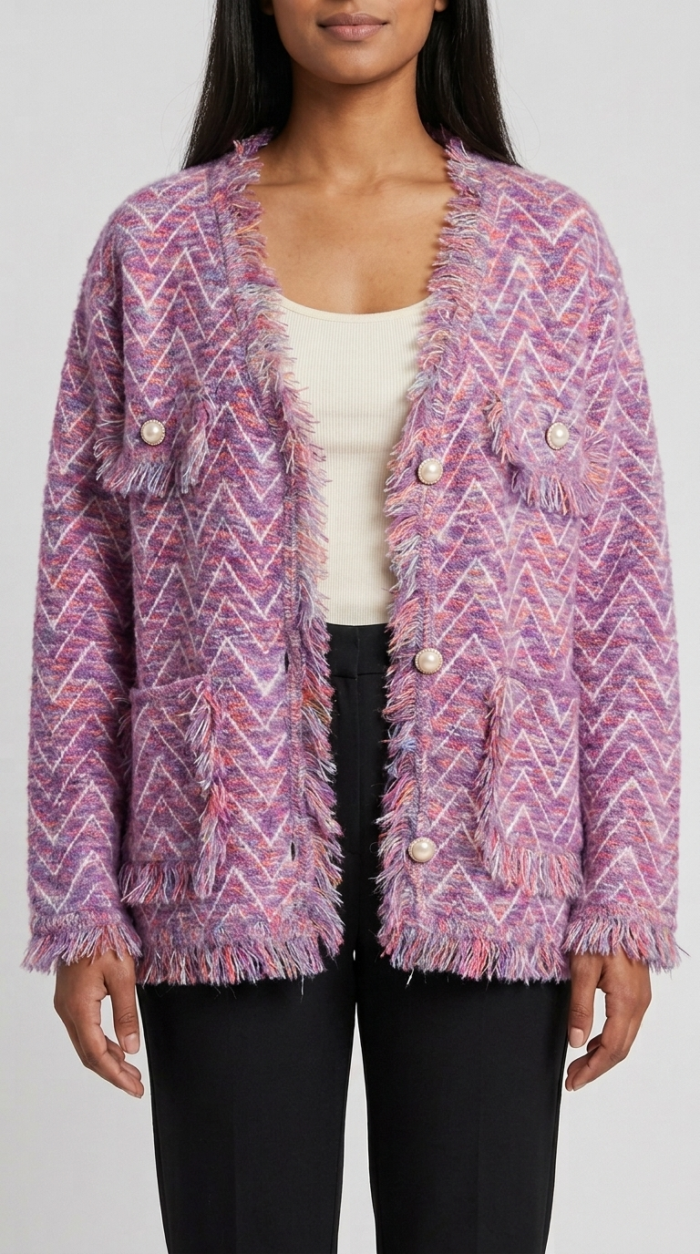 Code Culture catalog | womens-fringed-knitted-cardigan-coat | purple | zoom detail
