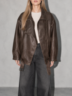 Code Culture catalog | womens-fashionable-vintage-zippered-lapel-jacket | color-brown | zoom detail