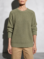 Code Culture catalog | mens-solid-color-long-sleeve-round-neck-fashion-sweater-loose-retro-sweater | light-green | zoom detail