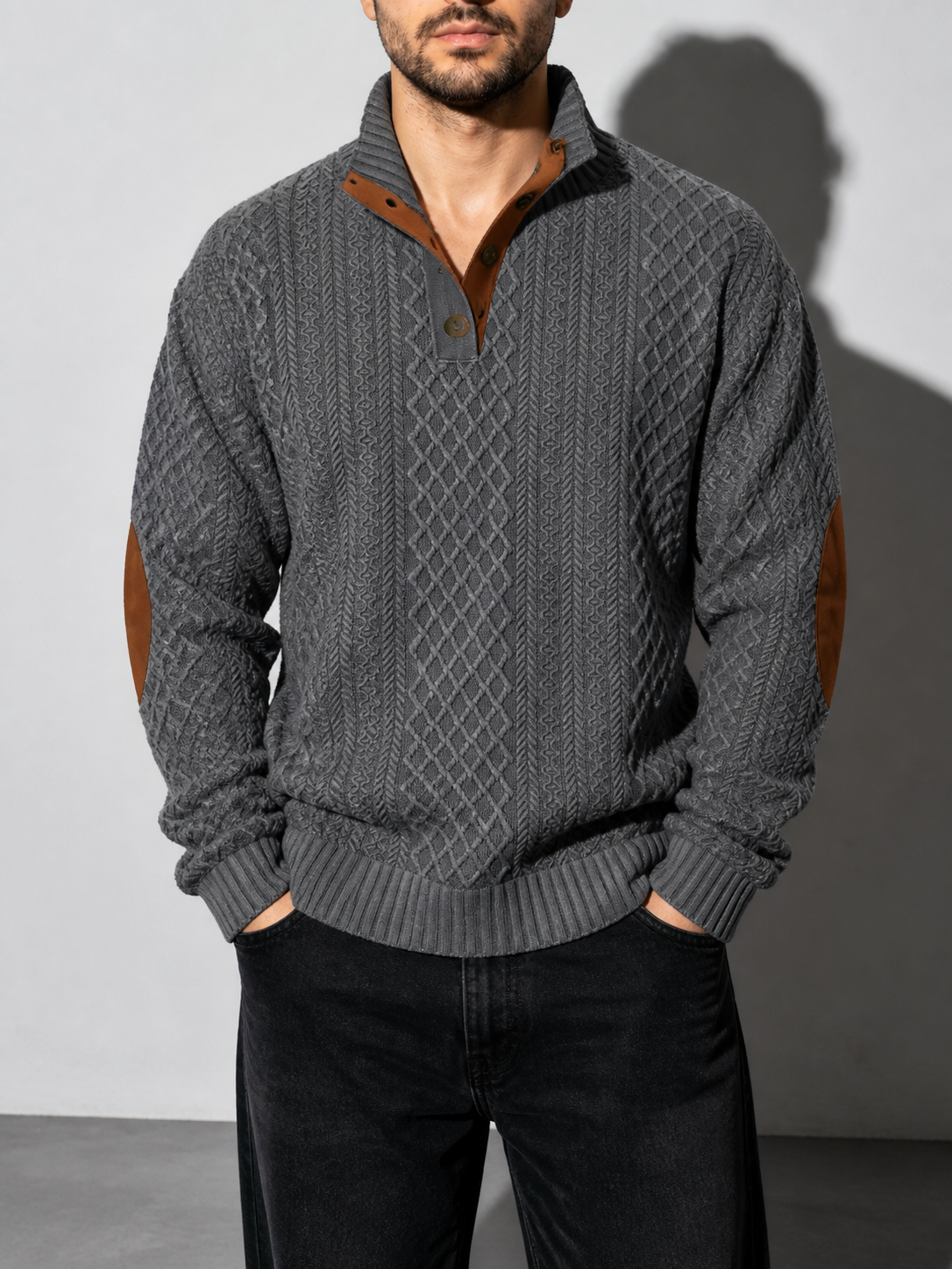 Code Culture catalog | stand-collar-long-sleeve-jacquard-knitted-pullover-sweater | dark-gray-1 | zoom detail