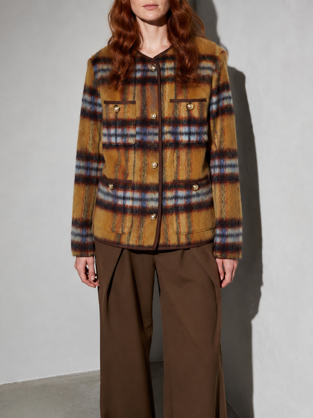 Code Culture catalog | mohair-plaid-vintage-long-woolen-collarless-jacket | color-yellow | zoom detail