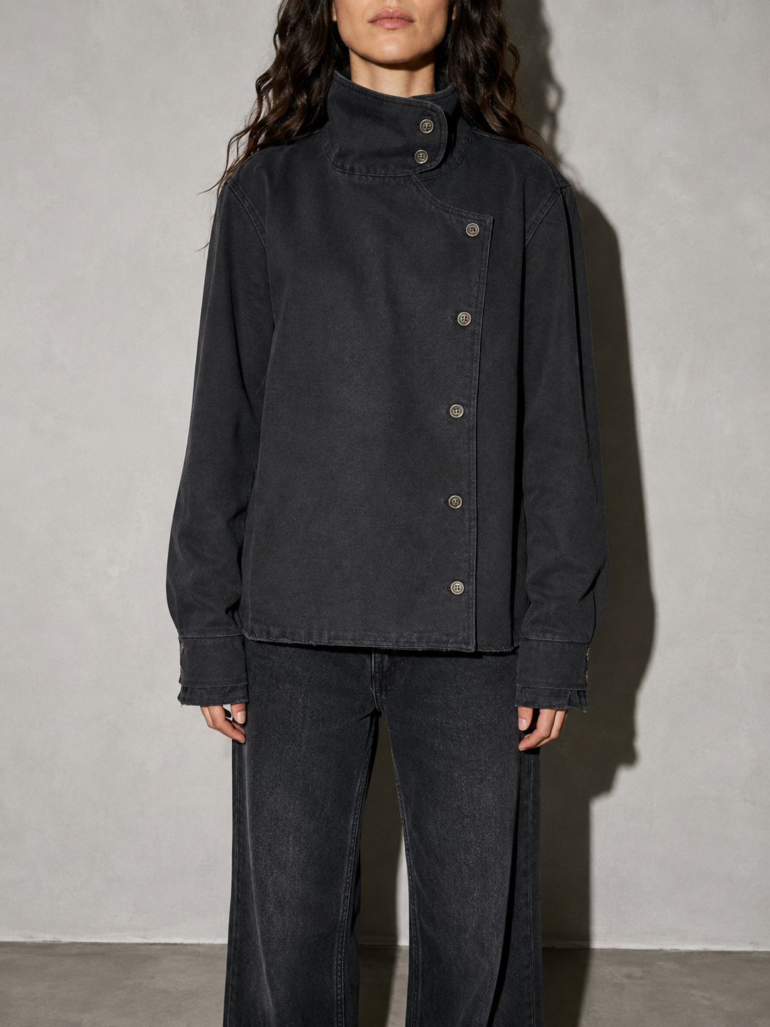 Code Culture catalog | washed-long-sleeve-denim-jacket-for-couples | color-black | zoom detail