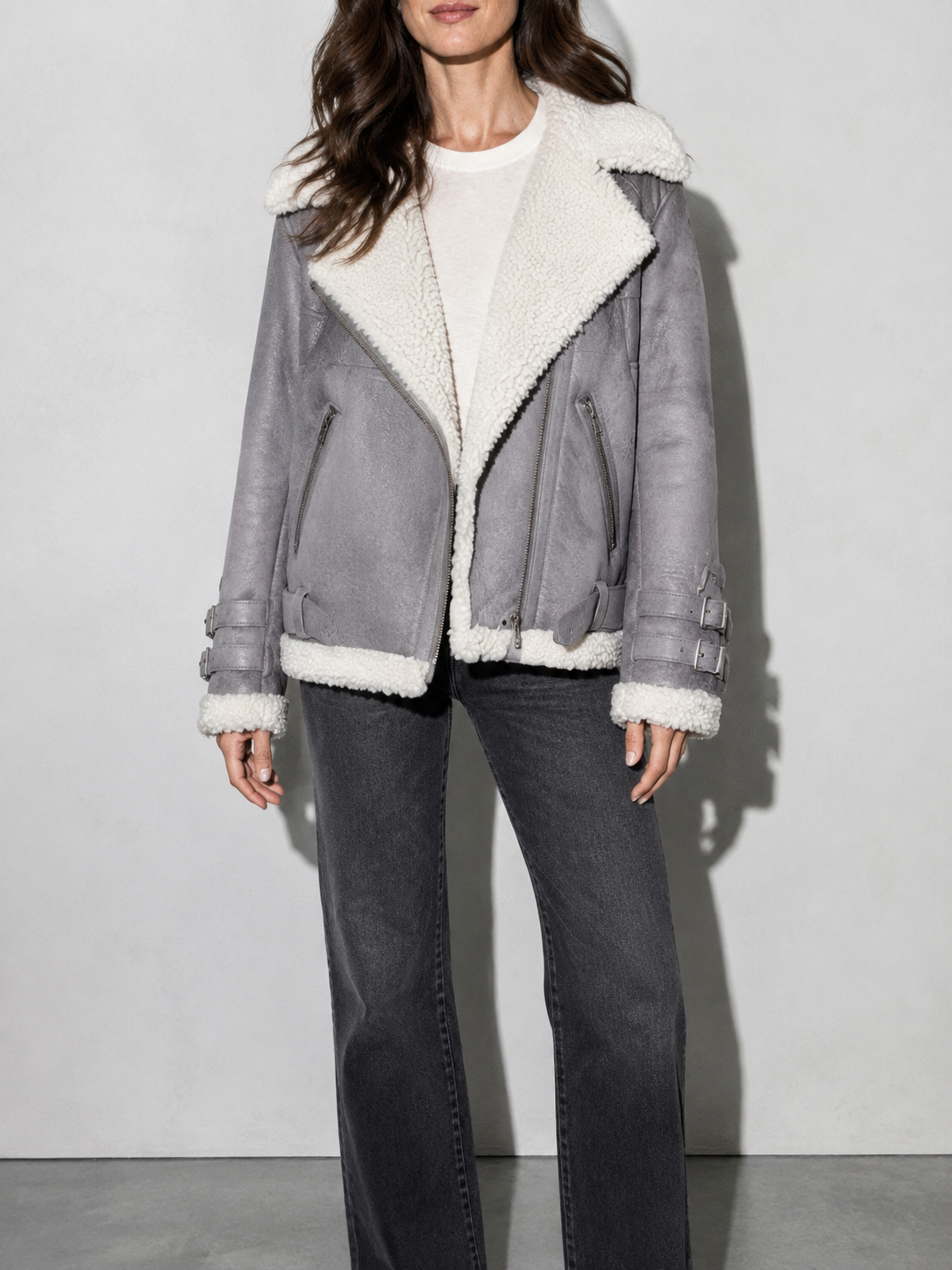 Code Culture catalog | motorcycle-suede-lamb-wool-jacket-womens-lapel-fur-cotton-coat-autumn-and-winter-womens-jacket | color-gray | zoom detail