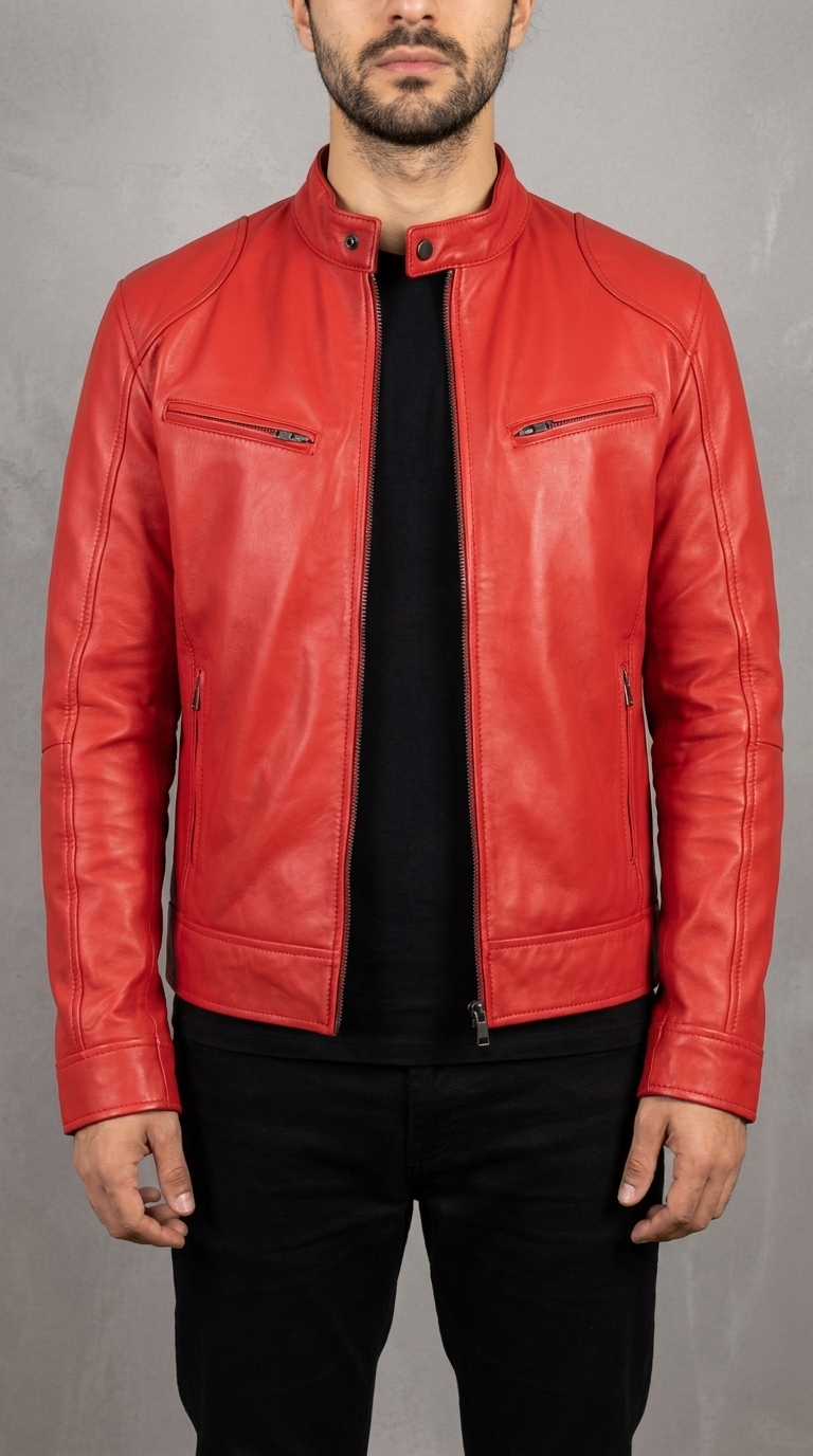 Code Culture catalog | mens-cardigan-zip-leather-jacket | bright-red | zoom detail