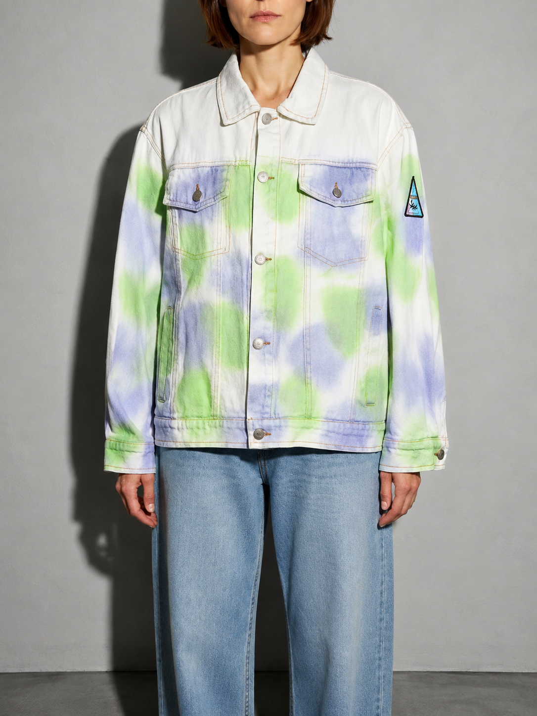 Code Culture catalog | tie-dye-splash-ink-lapel-jacket-loose-college-style-couple-all-match-blouse-short-jacket | color-green | zoom detail