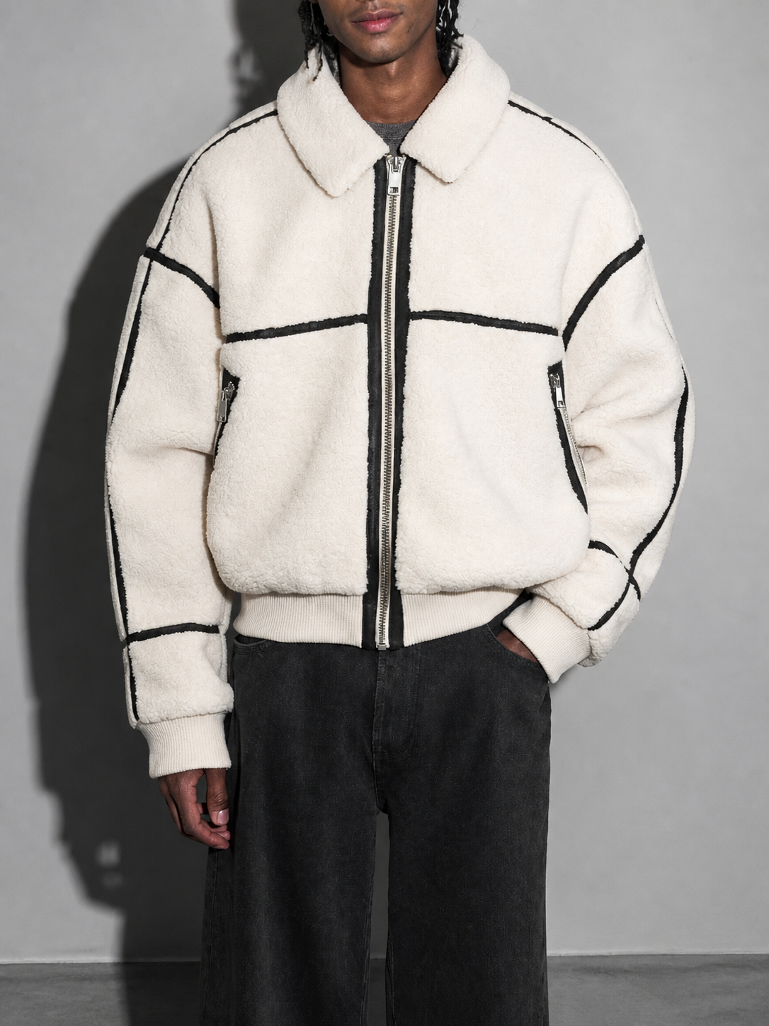 Code Culture catalog | mens-simple-lapel-fleece-jacket | ground-white | zoom detail