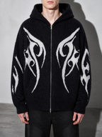 Code Culture catalog | totem-jacquard-contrast-color-hooded-zip-sweater | black | zoom detail
