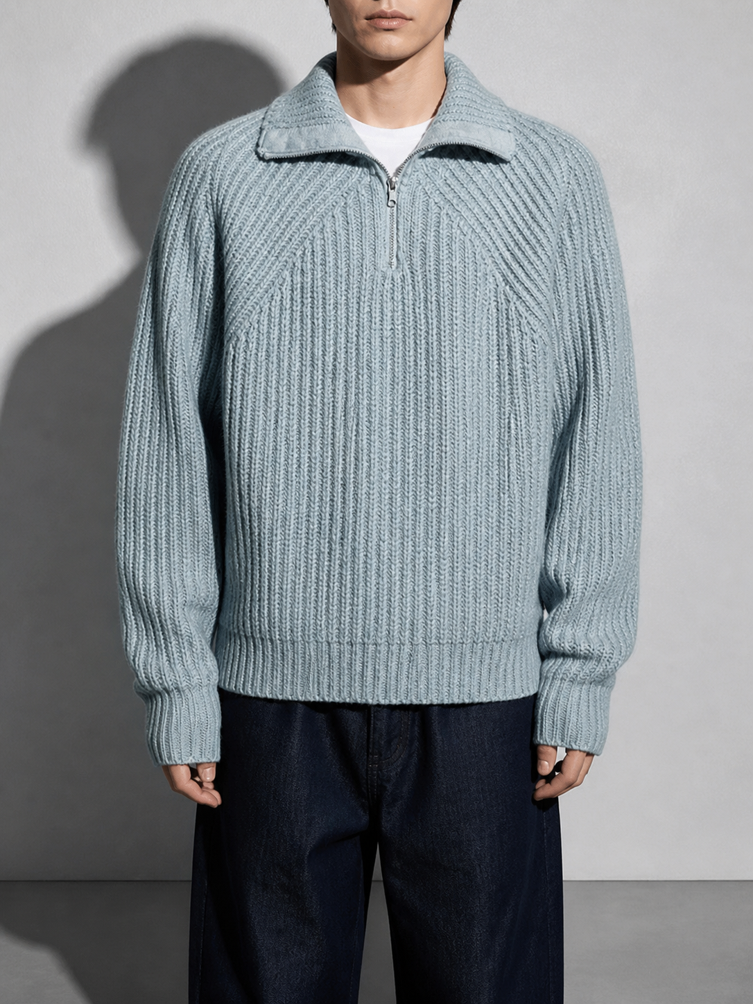 Code Culture catalog | mens-autumn-and-winter-turtleneck-half-zip-sweater | blue | zoom detail