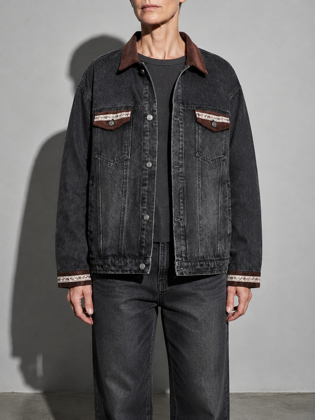 Code Culture catalog | punk-loose-wash-distressed-denim-jacket | color-black | zoom detail