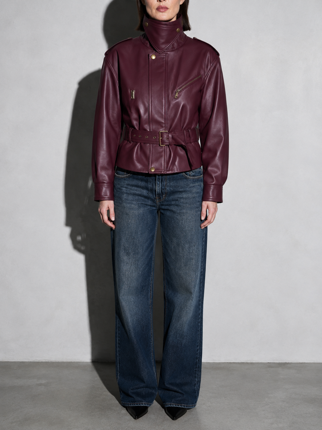 Code Culture catalog | womens-short-leather-jacket-with-lacing | color-wine-red | zoom detail