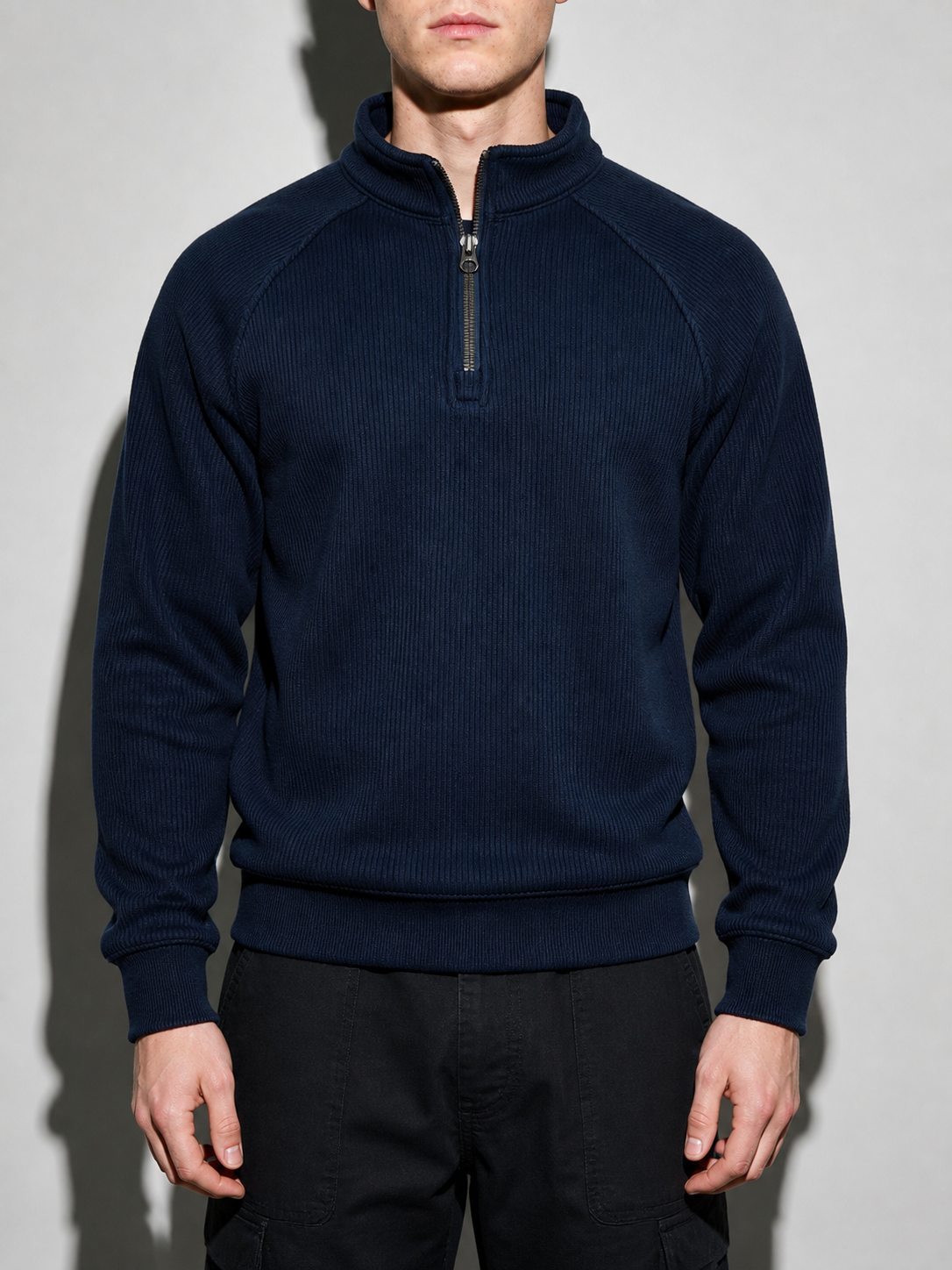 Code Culture catalog | european-and-american-half-zipper-sweater-stand-up-collar-all-match-fleece-mens-sweater-top | navy-blue | zoom detail