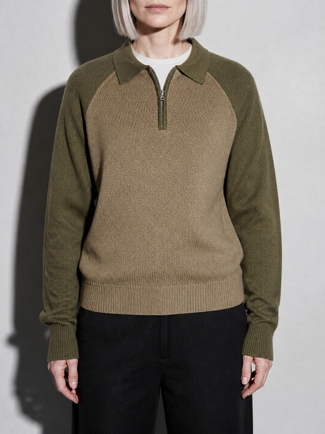 Code Culture catalog | american-casual-half-height-zip-polo-sweater | olive-green | zoom detail