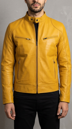 Code Culture catalog | mens-cardigan-zip-leather-jacket | yellow | zoom detail