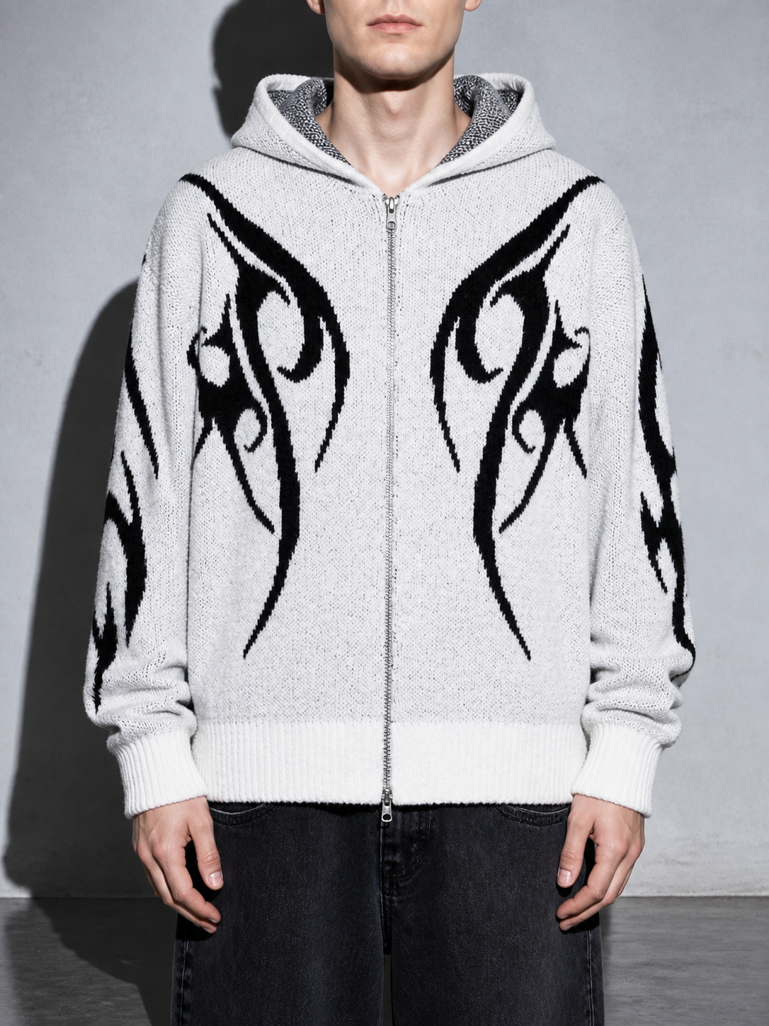 Code Culture catalog | totem-jacquard-contrast-color-hooded-zip-sweater | gray | zoom detail