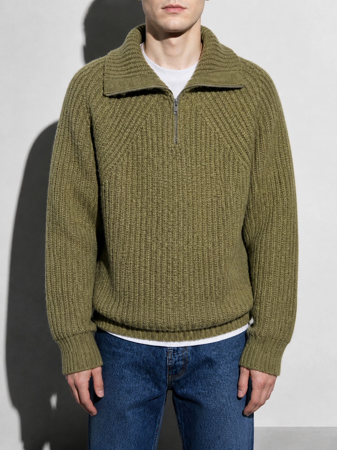Code Culture catalog | mens-autumn-and-winter-turtleneck-half-zip-sweater | olive-green | zoom detail