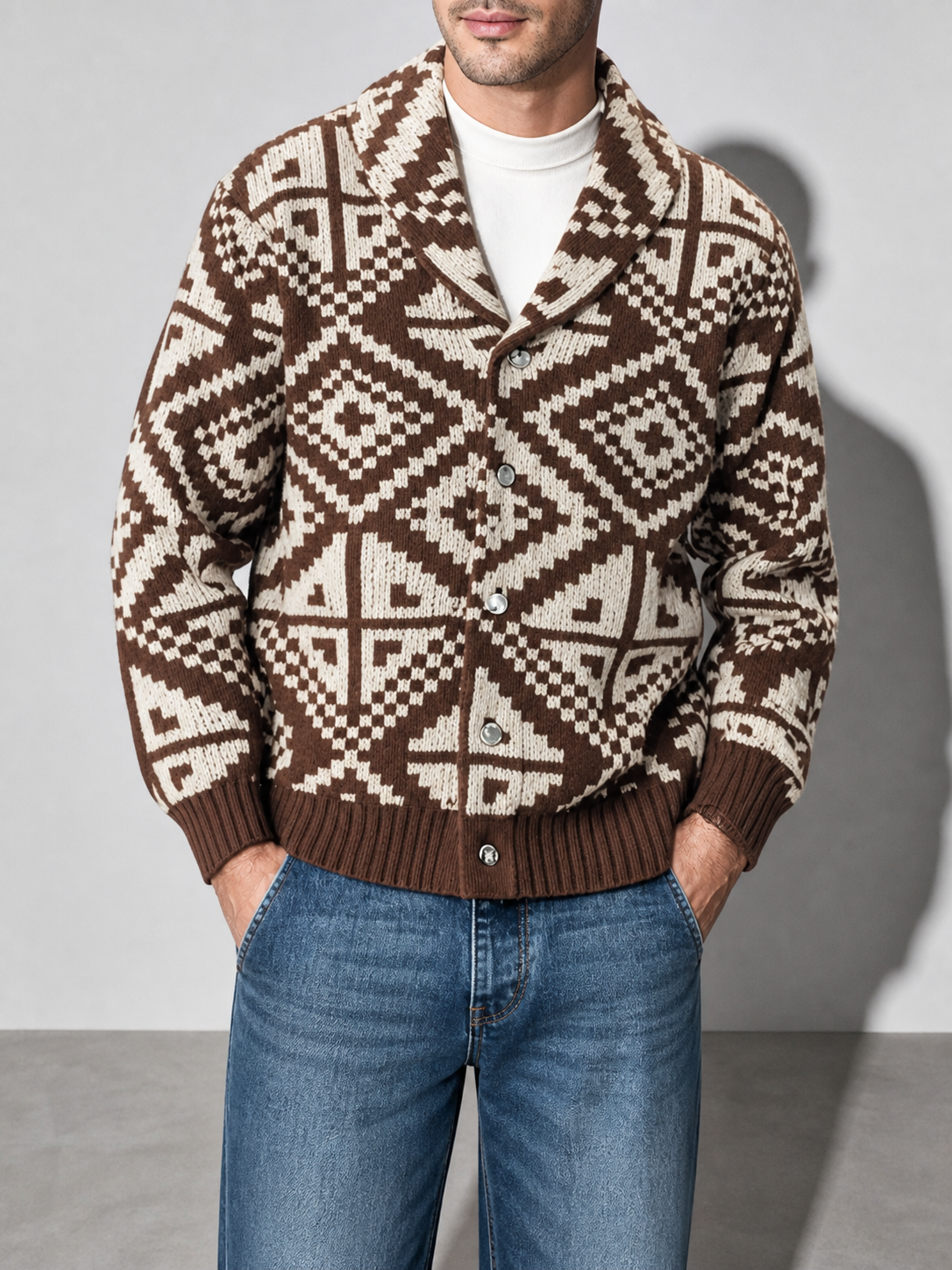 Code Culture catalog | mens-casual-geometric-jacquard-sweater | brown | zoom detail