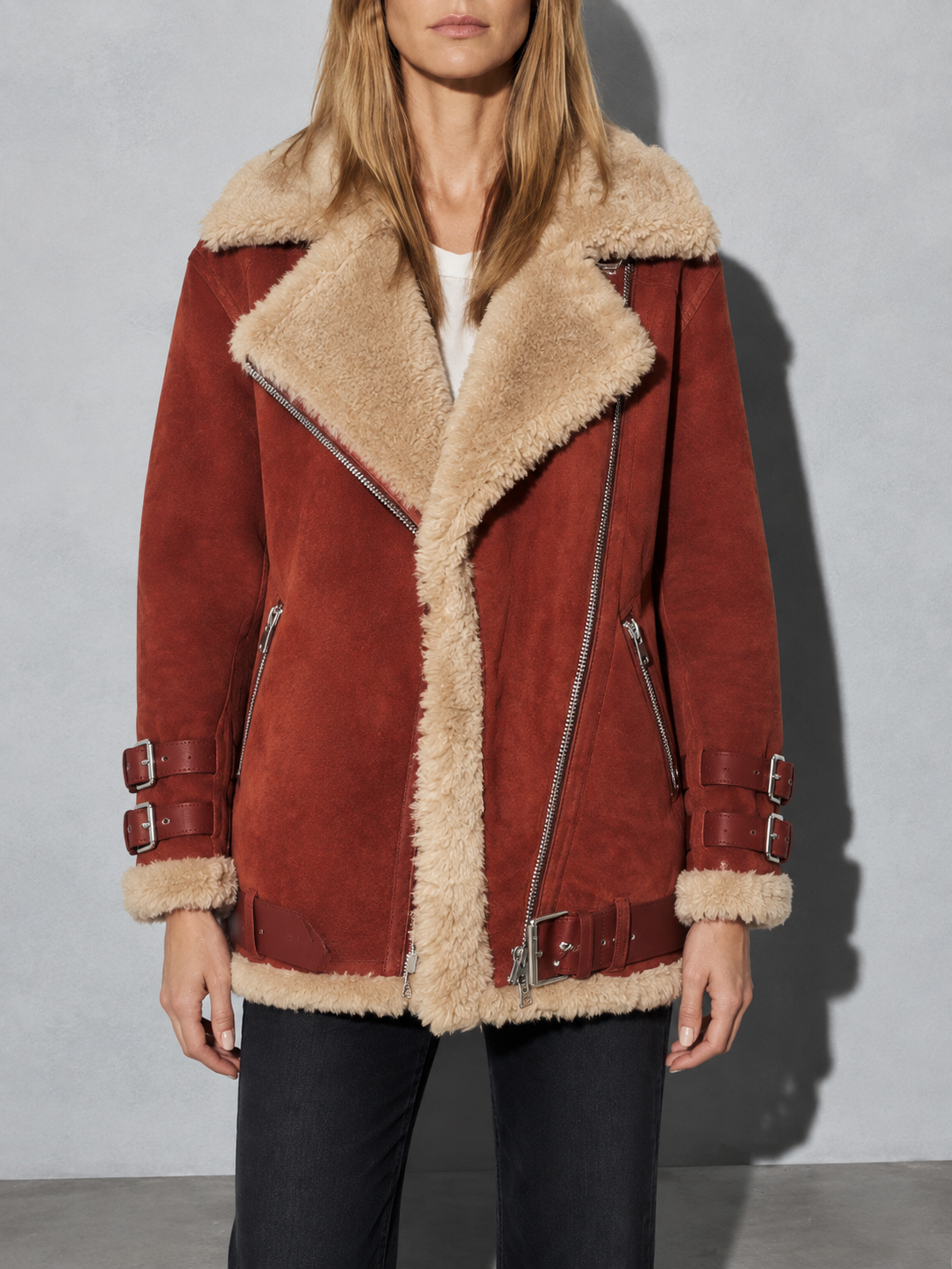 Code Culture catalog | motorcycle-suede-lamb-wool-jacket-womens-lapel-fur-cotton-coat-autumn-and-winter-womens-jacket | color-brick-red | zoom detail