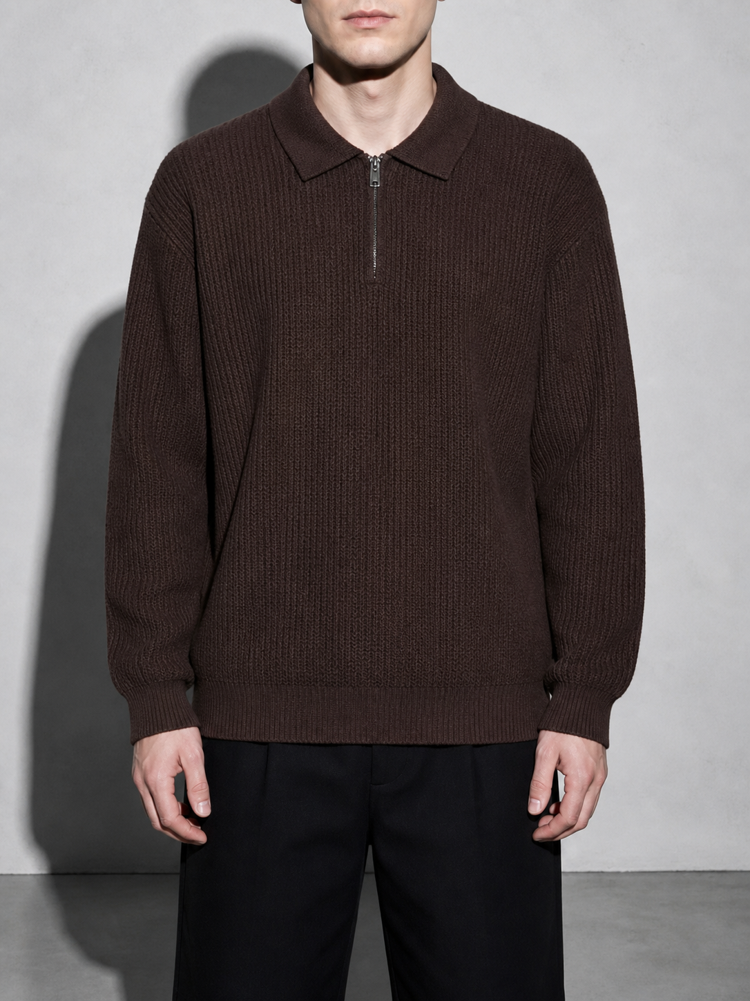 Code Culture catalog | mens-zip-up-polo-knit-sweater | brown | zoom detail
