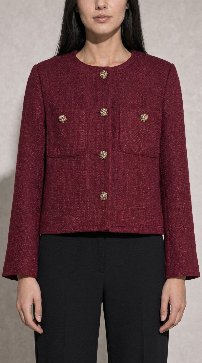 Code Culture catalog | womens-tweed-cardigan-coat | wine-red | zoom detail