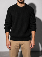 Code Culture catalog | mens-solid-color-long-sleeve-round-neck-fashion-sweater-loose-retro-sweater | black | zoom detail