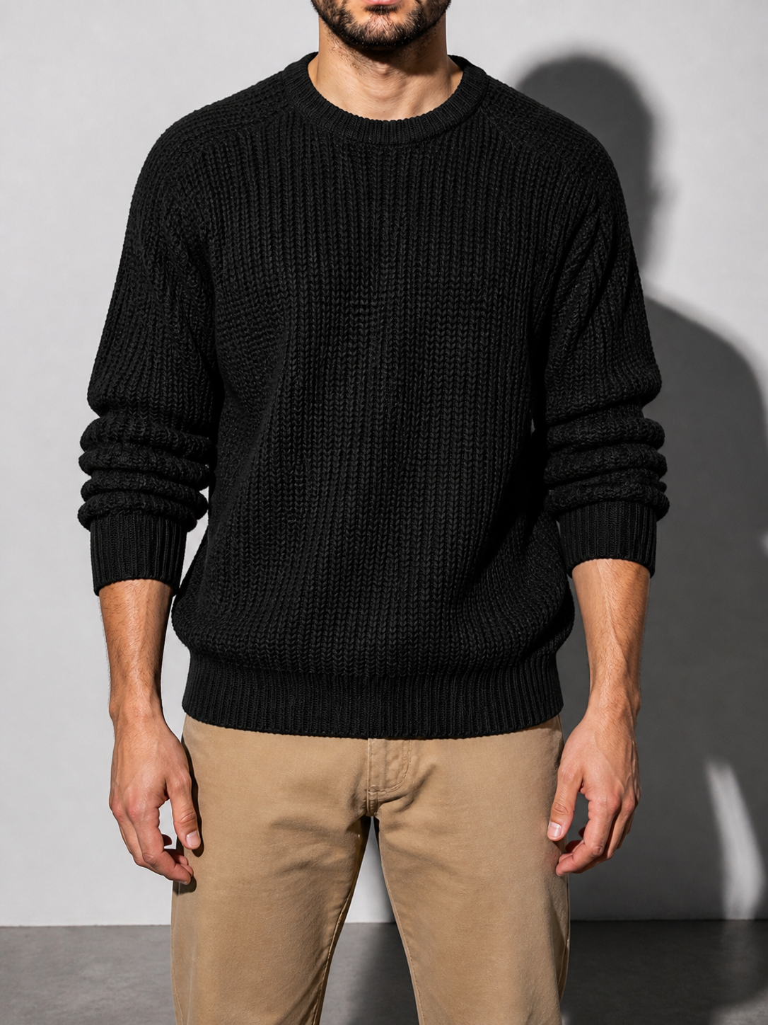 Code Culture catalog | mens-solid-color-long-sleeve-round-neck-fashion-sweater-loose-retro-sweater | black | zoom detail
