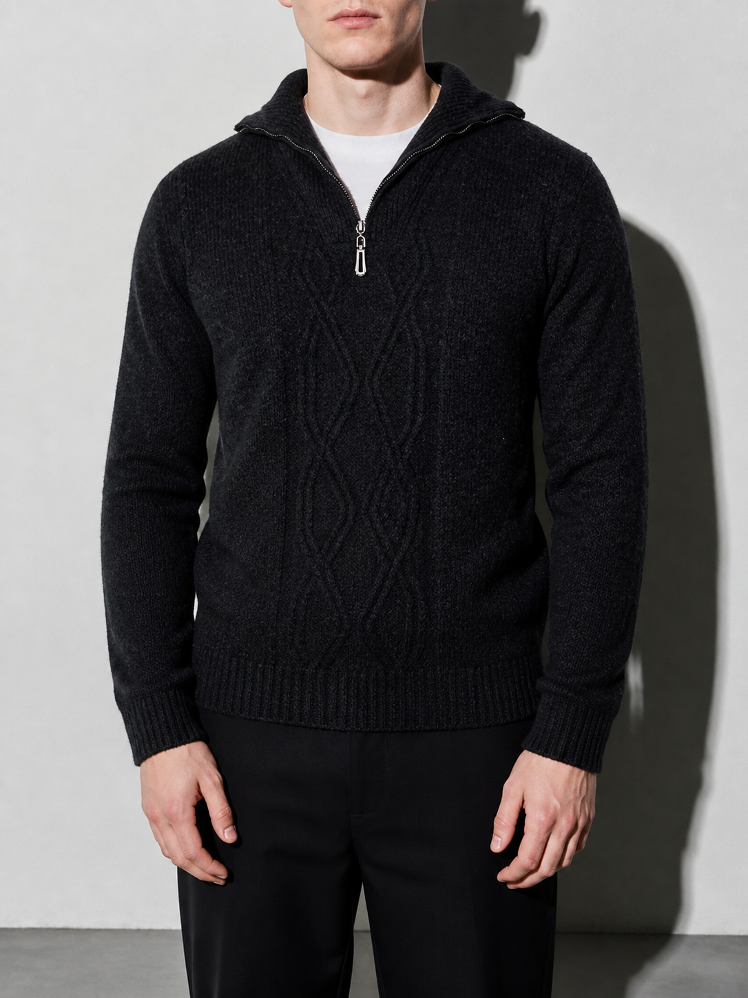 Code Culture catalog | pure-wool-sweater-half-height-zip-leisure-warm-sweater | black-gray | zoom detail