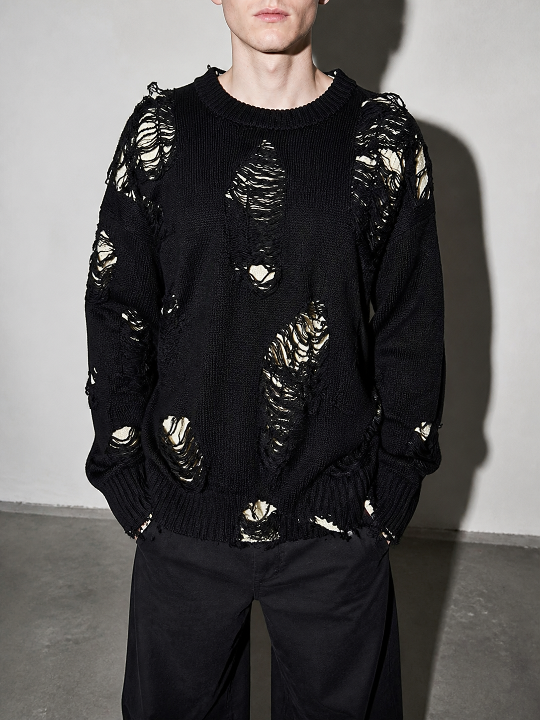 Code Culture catalog | ripped-sweater-mens-minority-all-match-idle-style | black | zoom detail