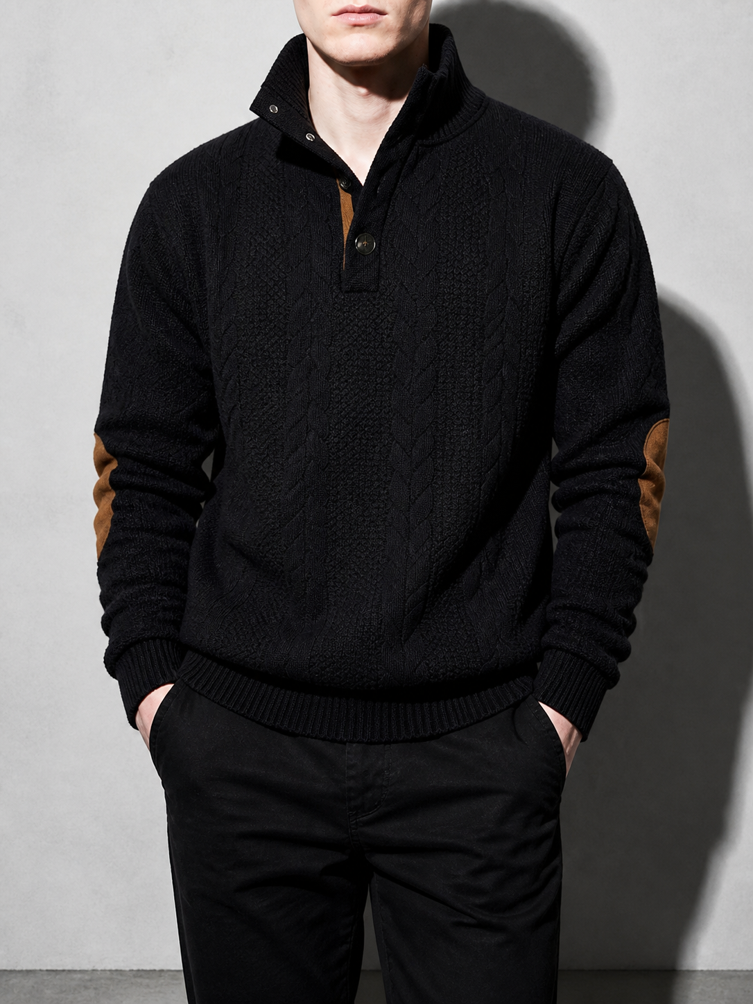 Code Culture catalog | stand-collar-long-sleeve-jacquard-knitted-pullover-sweater | black2 | zoom detail