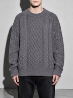 Code Culture catalog | autumn-and-winter-new-mens-twist-sweater-casual-round-neck-pullover-top | b046-gray | zoom detail