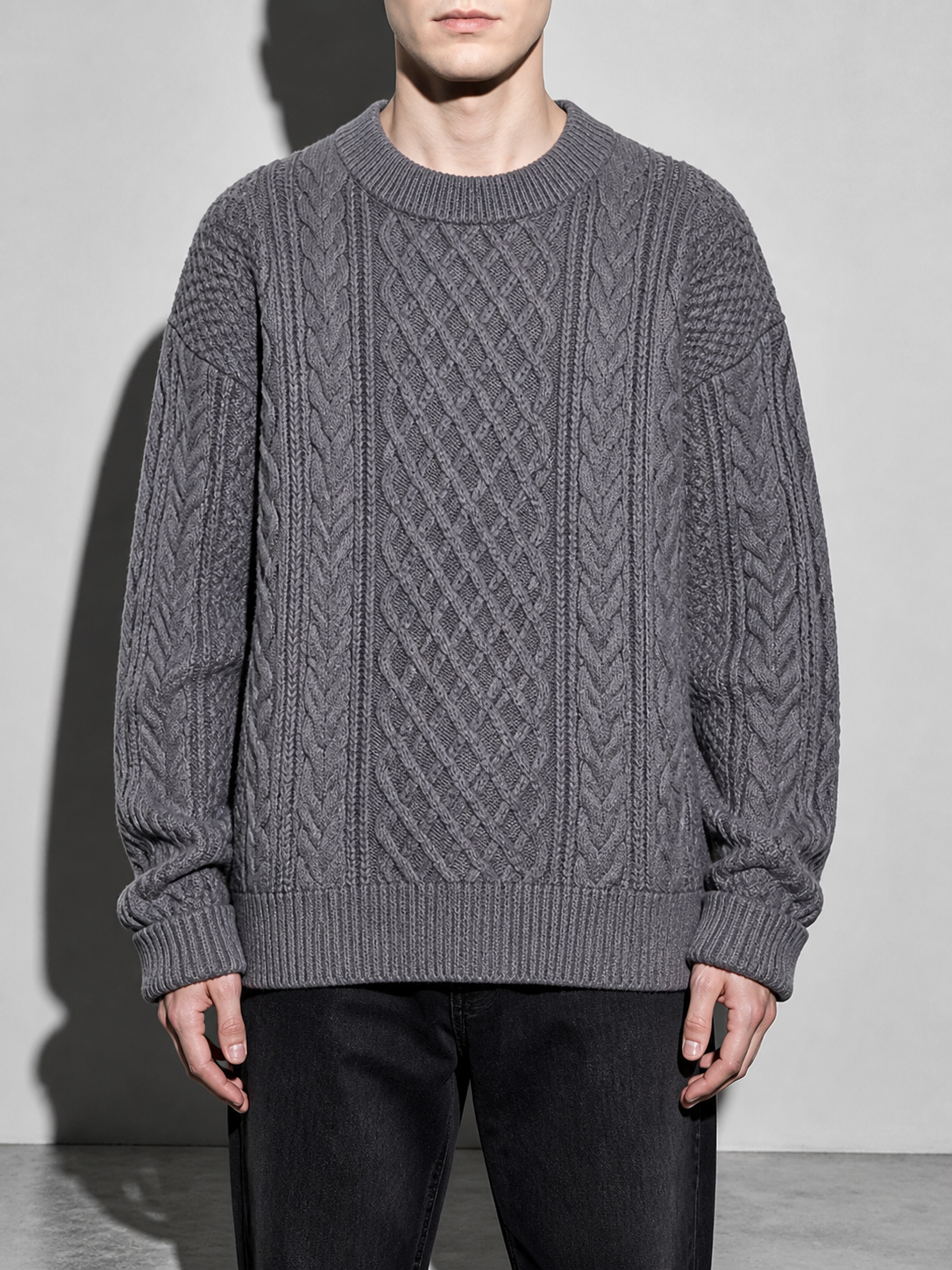 Code Culture catalog | autumn-and-winter-new-mens-twist-sweater-casual-round-neck-pullover-top | b046-gray | zoom detail