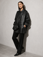 Women's Retro Motorcycle PU Leather Jacket with Bag in Black With Bag, 03 seated or lean, worn by model