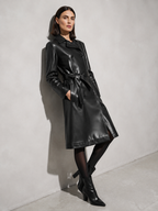 Women's PU Leather Mid-Length Windbreaker in Black, 03 seated or lean, worn by model