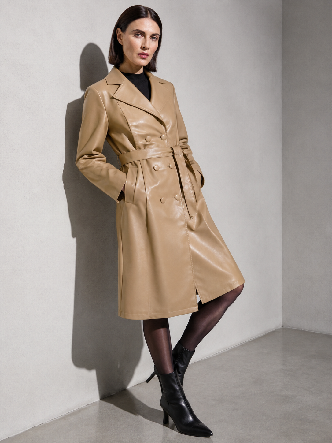 Women's PU Leather Mid-Length Windbreaker in Khaki, 03 seated or lean, worn by model