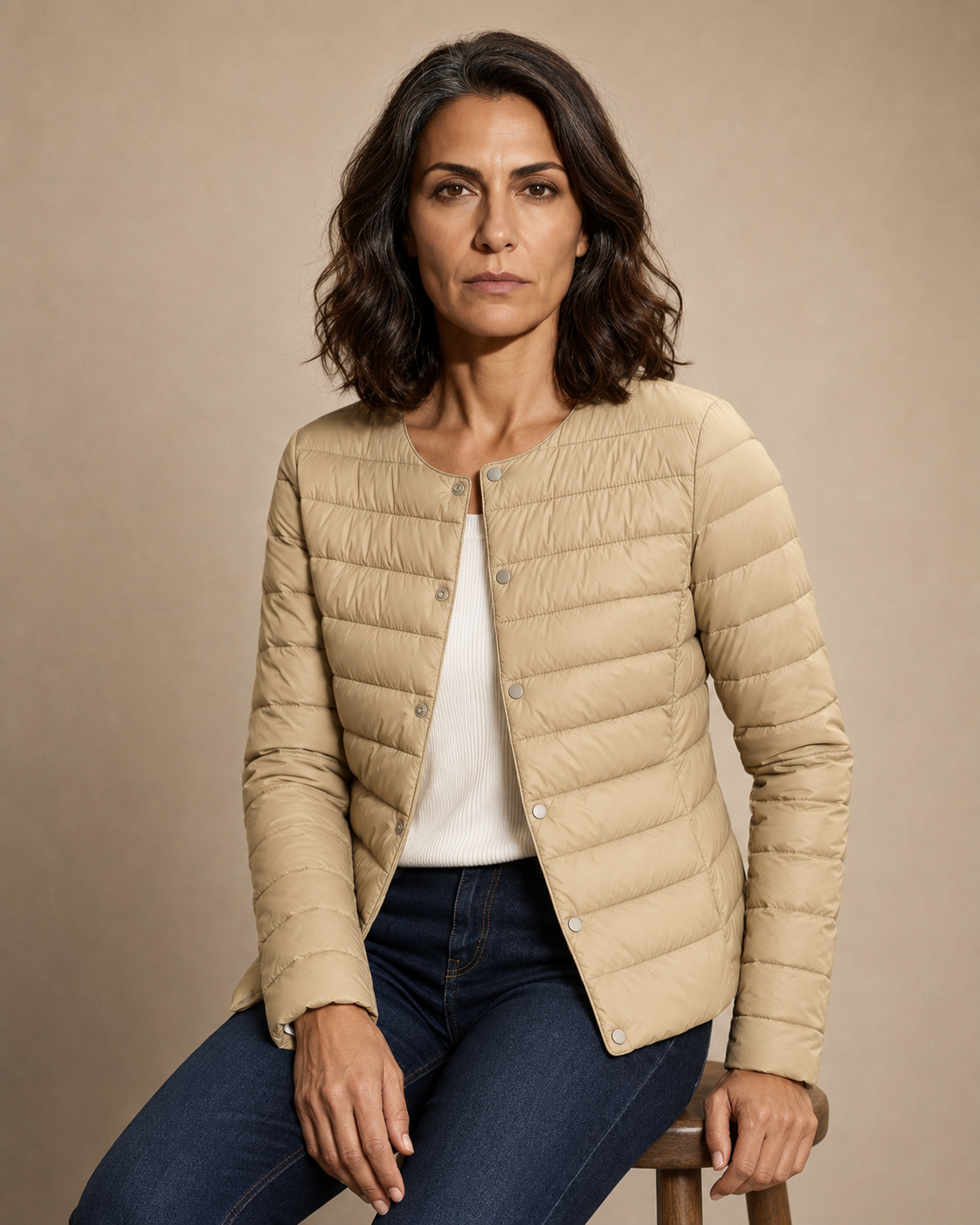 Women's Lightweight Down-Filled Quilted Jacket for Layering in Khaki, 03 seated or leaning, worn by model