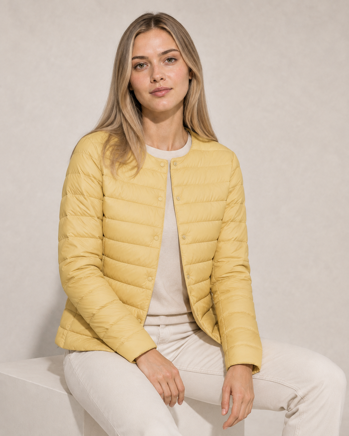 Women's Lightweight Down-Filled Quilted Jacket for Layering in Light Yellow, 03 seated or leaning, worn by model