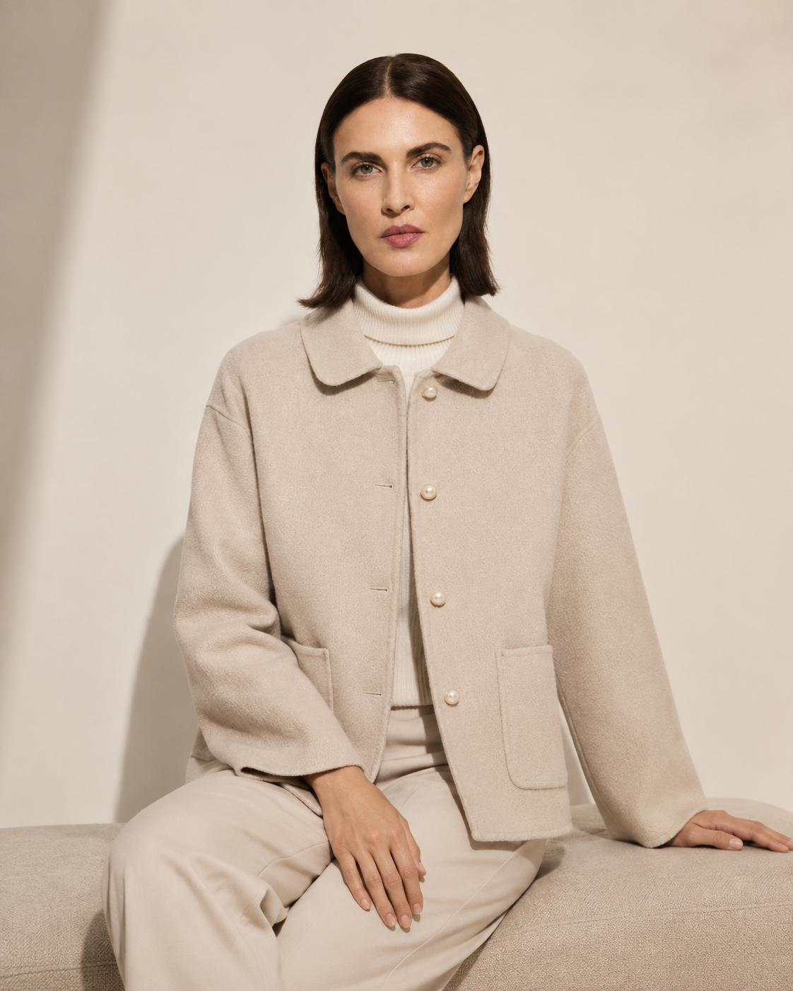 Women's Cropped Button-Front Woolen Jacket for Layering in Beige, 03 seated or leaning, worn by model