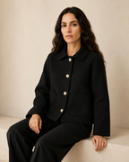 Women's Cropped Button-Front Woolen Jacket for Layering in Black, 03 seated or leaning, worn by model