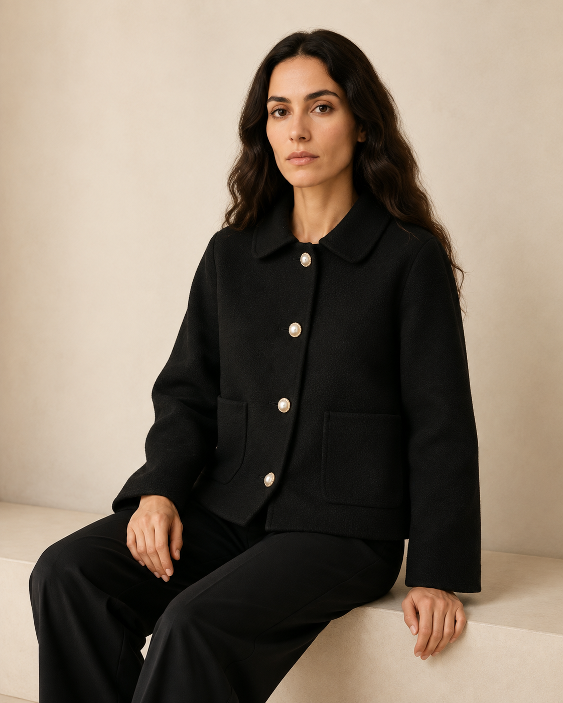 Women's Cropped Button-Front Woolen Jacket for Layering in Black, 03 seated or leaning, worn by model