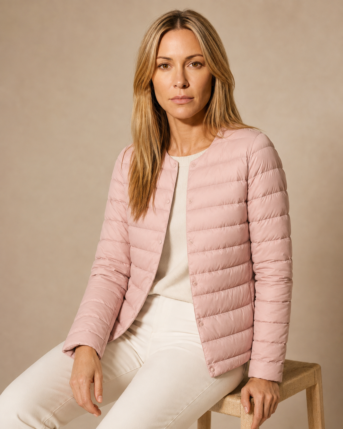 Women's Lightweight Down-Filled Quilted Jacket for Layering in Pink, 03 seated or leaning, worn by model