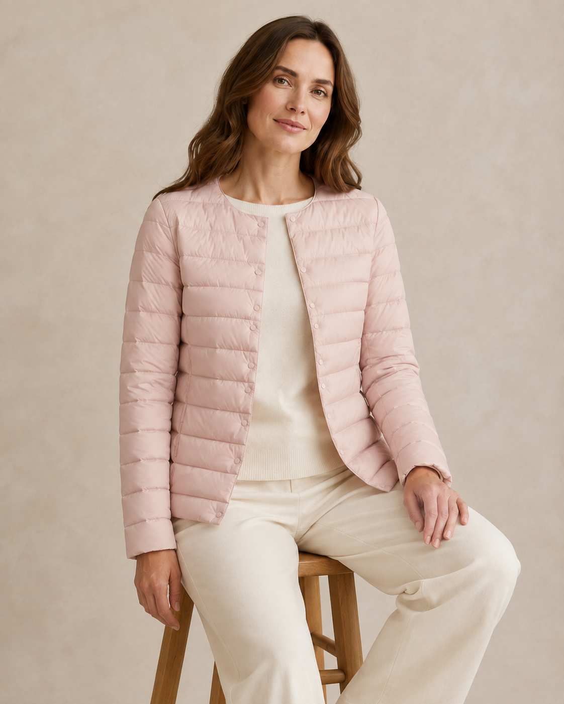 Women's Lightweight Down-Filled Quilted Jacket for Layering in Light Purple, 03 seated or leaning, worn by model