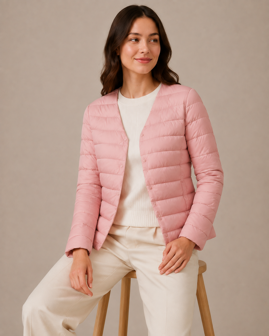Women's Lightweight Down-Filled Quilted Jacket for Layering in Cherry Blossom Pink, 03 seated or leaning, worn by model