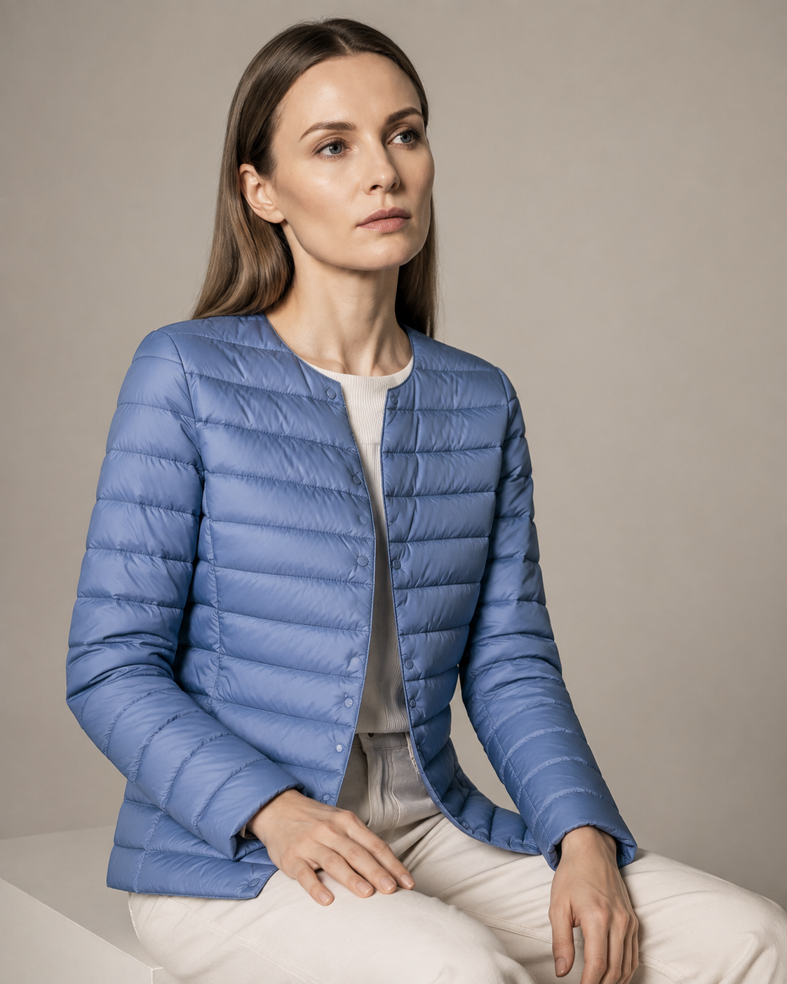 Women's Lightweight Down-Filled Quilted Jacket for Layering in Haze Blue, 03 seated or leaning, worn by model