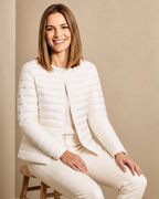 Women's Lightweight Down-Filled Quilted Jacket for Layering in White, 03 seated or leaning, worn by model