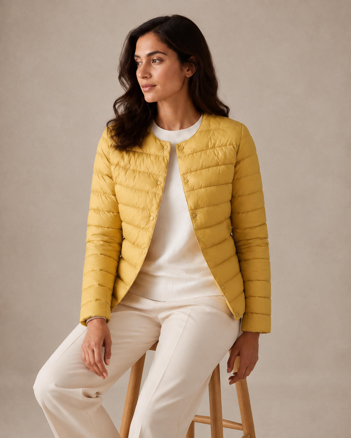 Women's Lightweight Down-Filled Quilted Jacket for Layering in Ginger Yellow, 03 seated or leaning, worn by model