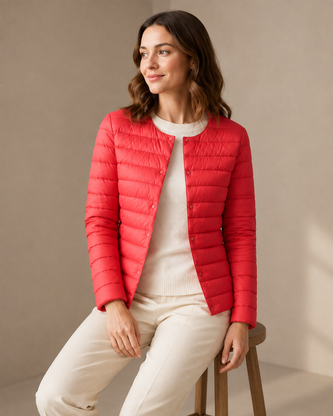 Women's Lightweight Down-Filled Quilted Jacket for Layering in Delightful Red, 03 seated or leaning, worn by model