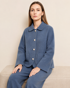 Women's Cropped Button-Front Woolen Jacket for Layering in Haze Blue, 03 seated or leaning, worn by model